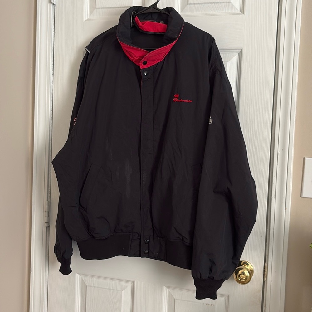 Vintage Budweiser Bud Light Jacket Black Red Embroidered Nylon Wind Breaker 2XL